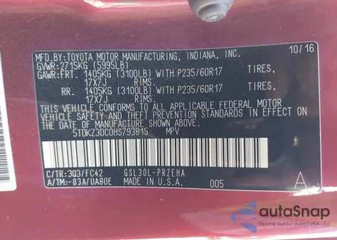 2017 Toyota Sienna Le 8 Passenger from USA, damaged, VIN 5TDKZ3DC0HS793815